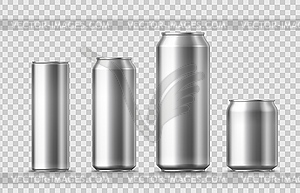 Realistic beer, soda aluminium cans mockups - vector image