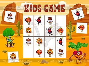 Sudoku kids game with cowboy vegetable characters - vector clipart
