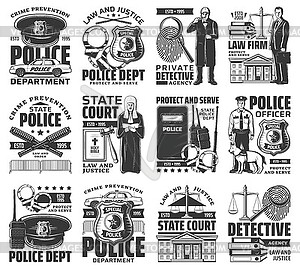 Law and order icons monochrome signs set - vector clip art