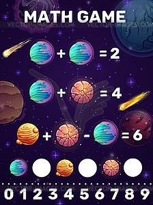 Math game worksheet with cartoon space planets - vector clipart