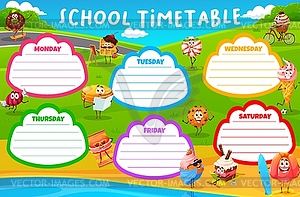 Timetable schedule with cartoon dessert characters - vector image