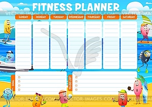 Fitness planner schedule with vitamins on beach - vector image