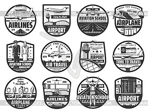 Aviation, air flight, airplane pilot school icons - vector clip art