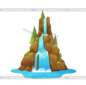 Waterfall with trees, cartoon river water cascade - vector image