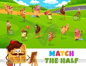 Match half of cartoon desserts characters - vector clipart