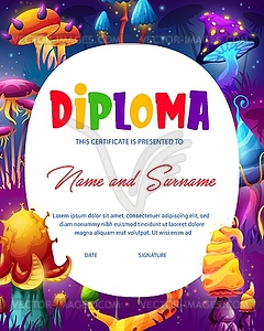 Kids achievement diploma with magic mushrooms - vector image