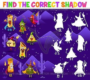 Find correct shadow of cartoon tex mex wizards - vector image