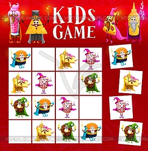 Sudoku game of fast food mage, wizard characters - vector image