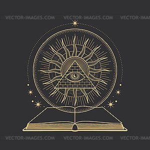 Esoteric tarot symbol, pyramid, eye and spell book - vector image
