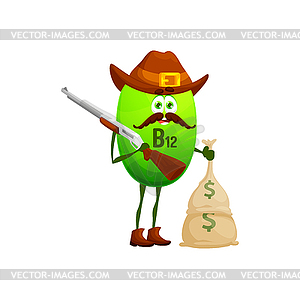 Cartoon vitamin ranger character with money, B12 - vector clipart