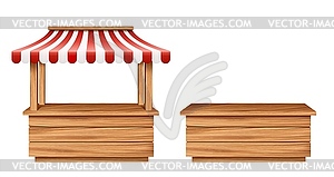 Realistic market stall booth, empty wooden stall - vector image