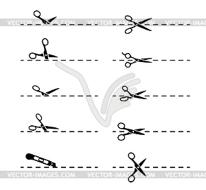 Cut lines, scissor, utility knife cutting lines - vector image