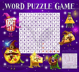 Word search puzzle game, Halloween fast food mages - vector image