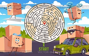 Labyrinth maze with cartoon package box characters - vector clipart