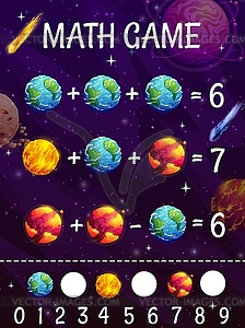 Math game worksheet with cartoon planets, comets - vector image