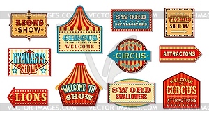 Circus signs, carnival signboards to tickets booth - vector image