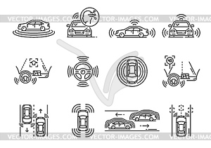Значки линий беспилотных автомобилей, самоуправляемые транспортные средства - векторный рисунок