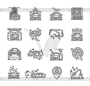 Car care icons, car wash service or wax polish - vector image