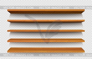 Wooden store shelf, realistic 3d wood rack - royalty-free vector image