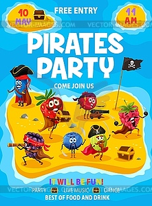 Pirates party flyer with cartoon berry characters - color vector clipart