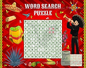 Word search puzzle game worksheet, Mexican quiz - vector clipart