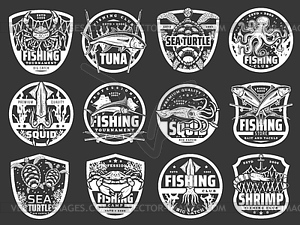 Fish, seafood, fisherman tackle icons, fishing - vector image