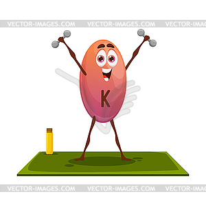 Cartoon vitamin K character on yoga fitness sport - vector image