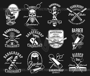 Barbershop and haircut icons, hipster retro signs - stock vector clipart