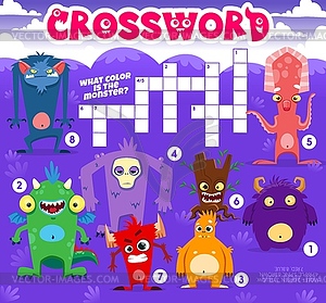 Crossword quiz game with comic monster characters - vector image