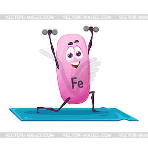 Cartoon Fe mineral character on yoga, ferrum, iron - vector image