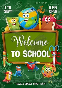 Back to school flyer with school hero characters - vector image