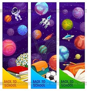 Back to school banner with space planet, spaceship - vector image