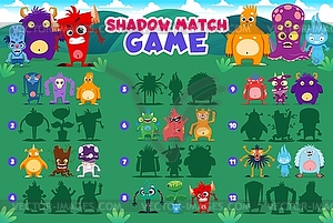 Shadow match game with funny monster characters - vector image