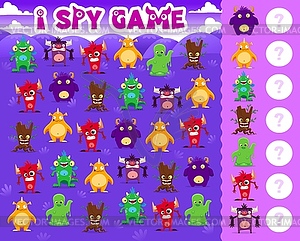 I spy game with cute cartoon monster characters - vector clipart