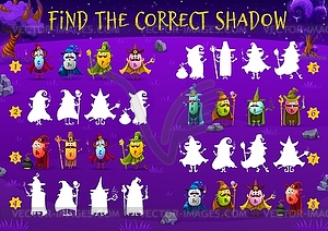 Find correct shadow of cartoon vitamin wizard game - vector image