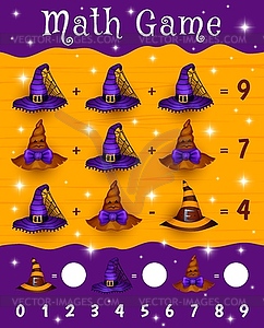 Halloween witch hats on kids math game worksheet - vector clipart