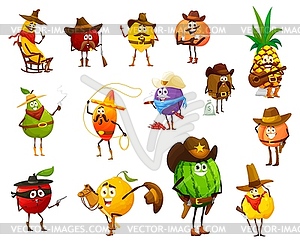 Cartoon cowboy, sheriff, robber and ranger fruits - stock vector clipart