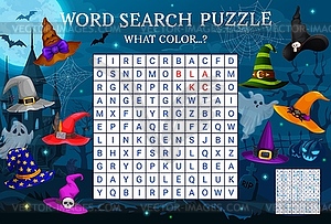 Find color of Halloween witch hat word search game - vector clip art