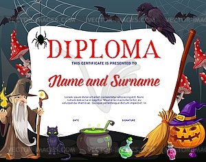 Diploma with Halloween sorcerer, pumpkin, cobweb - vector clip art