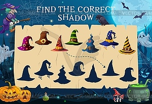 Find correct shadow of Halloween witch hat game - vector clipart