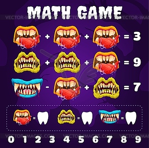 Halloween monster mouth and jaws on math game - vector image