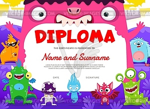 Kids diploma with cartoon monster characters - royalty-free vector image