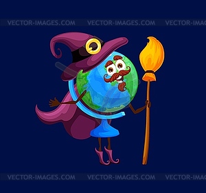 Cartoon school globe witch, wizard, mage character - vector clip art