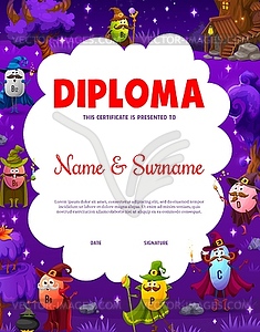 Kids diploma with cartoon vitamin wizard character - vector image