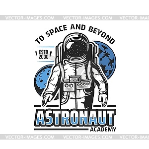 Astronaut academy icon, space planets and spaceman - stock vector clipart