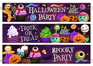 Halloween banner with spooky dessert and sweets - vector image