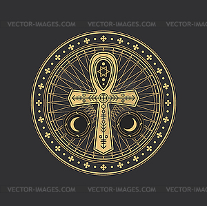 Pentagram occult circle symbol with Egypt ankh - vector clipart