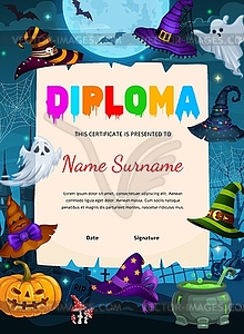 Kids diploma with Halloween witch hats, cemetery - vector image