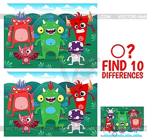 Find ten differences between monster characters - stock vector clipart