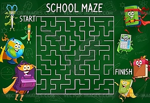 Labyrinth maze game with education hero characters - vector image